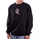 Buzo de cuello redondo color negro, con diseño gráfico bordado en el centro del pecho que representa una mano esquelética en llamas.