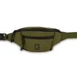 Riñonera de diseño minimalista en color verde oliva, confeccionada en material sintético resistente. Cuenta con un compartimento principal y un bolsillo frontal, ambos con cierre de cremallera negra y tiradores con cordón. Incluye una correa ajustable con hebilla de seguridad y el logo de la marca bordado en el frente.