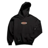 Canguro negro con capucha y bolsillo frontal tipo canguro. Presenta un logo estampado en el pecho con el nombre de la marca en letras grandes y un pequeño parche rectangular en la parte inferior.