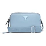 Bandolera Guess modelo Viviette, color celeste, con correa ancha de tela con el logo de la marca.