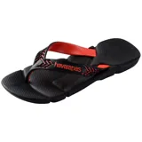 Sandalias de dedo Havaianas Power 2.0 color negro con tiras anchas rojas y detalles geométricos, suela anatómica de goma con relieve y logo en relieve.