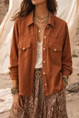 Camisa de estilo western color marrón, confeccionada en tejido tipo gamuza. Presenta cuello clásico, cierre frontal con botones, dos bolsillos delanteros con solapa y mangas largas.