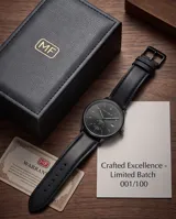 Reloj analógico de pulsera con caja redonda de metal negro, esfera minimalista con indicadores de hora, ventana de fecha y subesfera de segundos. Cuenta con correa de cuero negro y cierre de hebilla.