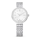 Reloj de pulsera Swarovski modelo Certa, fabricado en acero inoxidable con acabado plateado. Presenta una caja redonda de 30 mm con bisel engastado en cristales, esfera guilloché con índices de cristal en talla redonda y baguette, y brazalete de siete eslabones.