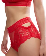 Bombacha tipo culotte de tiro alto confeccionada en encaje con diseño floral y detalles de red, con acabado semitransparente y cintura elástica ancha.