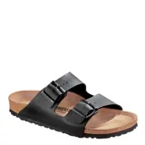 Sandalias tipo slide Birkenstock modelo Arizona, con dos tiras ajustables con hebillas metálicas. Presentan una plantilla anatómica de corcho y suela de goma antideslizante.