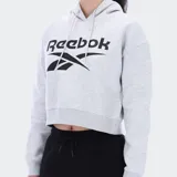 Canguro Reebok de corte crop color gris melange, con capucha ajustable con cordones, mangas largas y el logotipo de la marca estampado en el pecho en color negro.