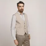 Chaleco reversible de vestir color beige, con escote en V y cierre frontal de botones.