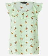 Blusa sin mangas color verde agua con estampado de leopardos y corazones rojos. Presenta cuello redondo con volados en el escote y hombros.