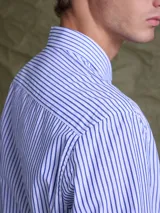 Camisa de manga larga con cuello abotonado y estampado de rayas verticales finas en tonos azul y blanco. Presenta un bolsillo frontal en el pecho y cierre de botones.