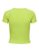 Remera manga corta de tejido acanalado color verde lima, con cuello redondo y terminaciones con volados sutiles en mangas y ruedo.