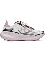 Championes deportivos Under Armour modelo Echo, con diseño moderno en tonos blanco y rosado. Presentan tecnología de amortiguación UA HOVR para mayor retorno de energía, parte superior de malla translúcida transpirable, sistema de cordones elásticos asimétricos y suela de goma para tracción.