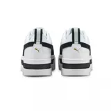 Championes Puma modelo Mayze, de diseño urbano con plataforma alta. Presentan una base blanca con la característica franja lateral de la marca en color negro y detalles en la suela.