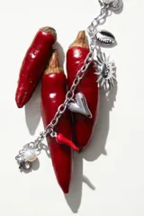 Pulsera de cadena de acero quirúrgico con dijes colgantes que incluyen un sol, un corazón, un ají rojo, una perla y una concha marina.