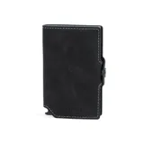 Billetera negra de cuero con caja de aluminio incorporada con sistema de deslizamiento para tarjetas, protección RFID, espacio para 5 tarjetas, sección para hasta 7 billetes y espacio adicional para libreta de propiedad y de conducir.