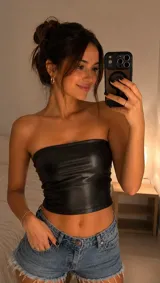 Top tipo strapless de cuerina negro, de corte ajustado y largo corto.