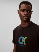 Remera de algodón negro con cuello redondo y manga corta. Presenta un estampado gráfico en el pecho con el monograma de Calvin Klein en colores azul, verde y rojo, junto con el nombre de la marca debajo.