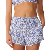 Short Rip Curl Party Wave Beach de color azul y blanco, con estampado de hojas y patrones abstractos, cintura elástica con cordón de ajuste y bolsillos laterales.
