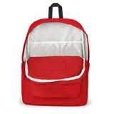 Mochila JanSport Superbreak Plus color rojo, con compartimento interno para laptop y bolsillo lateral para botella.