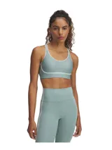 Top deportivo Under Armour de soporte medio, color verde menta con detalles de ribete blanco en el escote y bajo el busto. Presenta diseño de espalda abierta, almohadillas moldeadas y tejido de secado rápido.