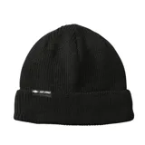 Gorro tipo beanie de punto acanalado en color negro, con vuelta en el borde y etiqueta pequeña con el logo de la marca en el frente.