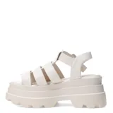 Sandalias tipo franciscanas color negro con diseño de tiras entrecruzadas, cierre con hebilla lateral y plataforma robusta con suela tractorada.
