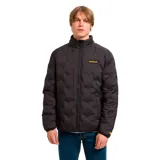Chaqueta acolchada negra con cierre frontal completo, cuello alto y parche de silicona con el logotipo de la marca en el pecho. Presenta diseño con costuras selladas, bolsillos laterales y ribetes elásticos en puños y dobladillo.