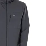 Campera negra con capucha, cierre frontal completo, bolsillos laterales con cierre y logo de la marca en el pecho.