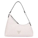 Cartera tipo hobo Guess modelo Eileen, color rosa claro con estampado monograma de la marca. Presenta un diseño asimétrico con cierre superior, asa de hombro combinada con cadena metálica y logo triangular metálico en el frente.