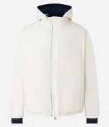 Campera puffer de hombre reversible, con diseño acolchado, cuello alto, capucha y cierre frontal.