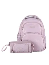 Kit de mochila y cartuchera Terrano Quid AirFlow, color lila. La mochila tiene un compartimento principal, un bolsillo frontal y bolsillos laterales de red. Las correas son ajustables y acolchadas con material respirable. La cartuchera tiene un compartimento principal y un bolsillo adicional, ambos con cierre.