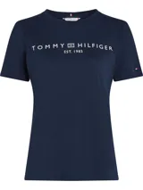 Remera azul marino de algodón con cuello redondo y logo de Tommy Hilfiger estampado en el pecho.