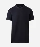 Remera de manga corta color verde militar, con cuello redondo y diseño de textura vertical acanalada, marca Marfinno.