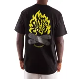 Remera negra de manga corta con cuello redondo y estampado pequeño en el pecho de una fogata con el logo de Santa Cruz Skateboards.