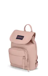 Mochila mini JanSport Highlands, color rosa pálido, con asa superior, bolsillo frontal con cierre y logo de la marca en el frente.