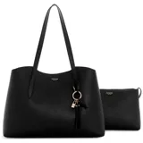 Cartera tipo tote bag Guess modelo Melody, de color negro y confeccionada en cuero sintético, con doble asa de hombro y herrajes metálicos dorados. Incluye un llavero colgante con dije de candado y borla, logo metálico frontal y un neceser o monedero removible en combo.