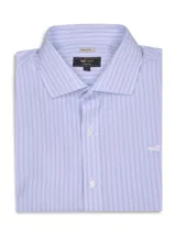 Camisa de manga larga RKF modelo Wf Pc, de color celeste con diseño de rayas verticales blancas. Cuenta con cuello italiano, cierre frontal con botones y bordado del logo de la marca en el pecho.