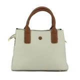 Cartera Darkness de cuero sintético color blanco con detalles en marrón. Tiene doble asa corta y correa larga desmontable.