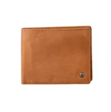 Billetera plegable de cuero color marrón, con diseño compacto y funcional. Incluye sistema 2 en 1 con billetera interna extraíble, múltiples ranuras para tarjetas, ventana transparente para identificación y protección RFID.