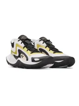 Championes de básquetbol Under Armour modelo Jet 25, con diseño de materiales mixtos en colores blanco, negro y amarillo. Presentan cuello acolchado para mayor sujeción, entresuela Micro G® para amortiguación reactiva y suela de goma resistente para tracción en cancha.