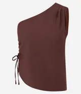 Blusa sastre de un solo hombro con tirante ancho, bajo asimétrico y detalle de tiras ajustables con regulador en el lateral.