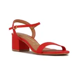 Sandalias de tacón medio grueso Vizzano, color rojo, con tira delantera simple y tira ajustable al tobillo con hebilla dorada.