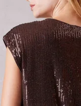 Blusa sin mangas con escote en V, confeccionada completamente en lentejuelas color dorado. Cuenta con forro interno a tono y un corte recto y holgado.