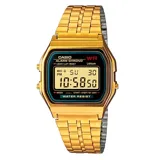 Reloj digital Casio modelo A159WGEA-1DF, de estilo retro con caja y malla de acero inoxidable color dorado.