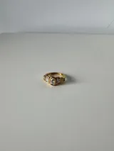 Anillo de acero quirúrgico dorado con diseño de engaste tipo bisel que contiene cinco piedras de cristal rectangulares y ovaladas.