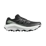 Championes de trail running Salomon Ultra Flow 2, color negro con entresuela blanca y detalles en verde oliva. Presentan un diseño técnico con malla transpirable, refuerzos sintéticos y suela con tacos para mayor tracción en terrenos irregulares.