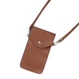 Bandolera tipo portacelular color plateado, realizada en cuero con correa fina y bolsillo trasero.