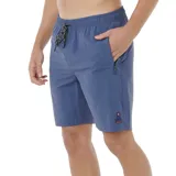 Short de baño azul con cintura elástica ajustable con cordón, bolsillos laterales con cierre y largo a la rodilla.