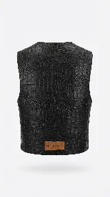 Chaleco de cuero con acabado metalizado plateado, diseño sin mangas, escote en V y corte recto.