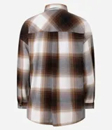 Camisa de manga larga confeccionada en franela de viscosa, con estampado de cuadros en tonos marrones, beige y gris. Presenta cuello clásico, cierre frontal con botones y bolsillo en el pecho.